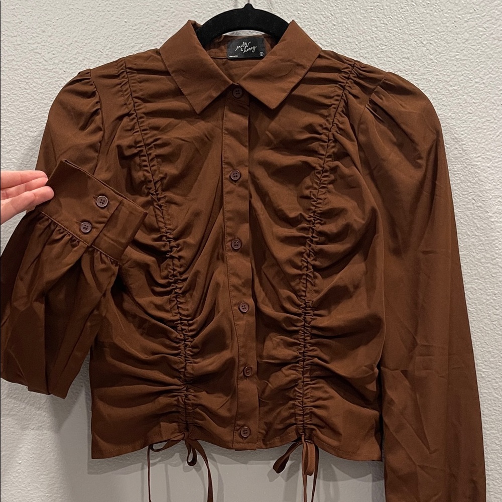 Dark Brown Brown Ruched Button-Up Blouse